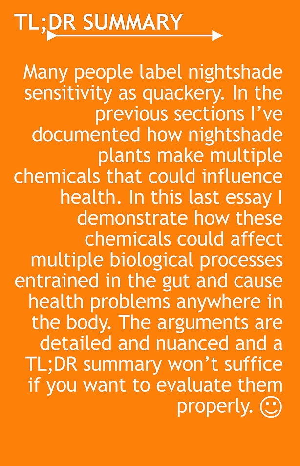TL;DR Many people label nightshade sensitivity as quackery. In the previous sections I’ve documented how nightshade plants make multiple chemicals that could influence health. In this last essay I demonstrate how these chemicals could affect multiple biological processes entrained in the gut and cause health problems anywhere in the body. The arguments are detailed and nuanced and a TL;DR summary won’t cut it if you want to evaluate them properly.