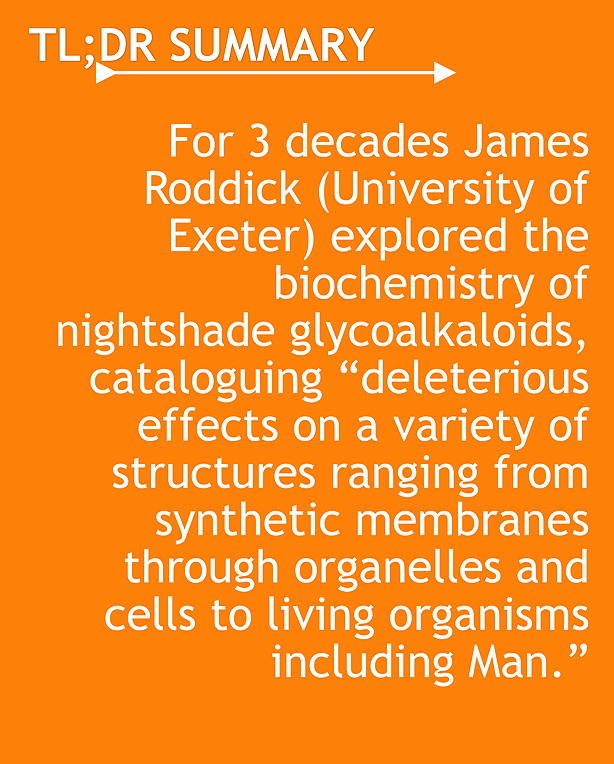 TL;DR For 3 decades James Roddick (University of Exeter) explored the biochemistry of nightshade glycoalkaloids, cataloguing “deleterious effects on a variety of structures ranging from synthetic membranes through organelles and cells to living organisms including Man.”